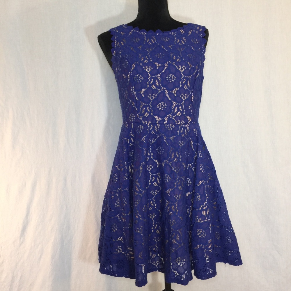 💙City Studio fit & flare blue lace over nude dress